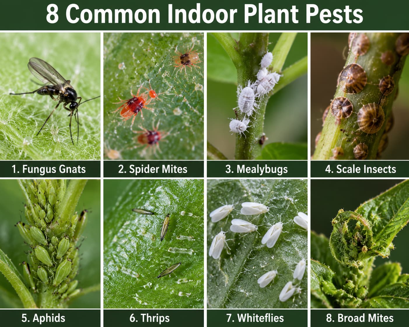Infographic showing 8 common indoor plant pests including fungus gnats, spider mites, mealybugs, scale insects, aphids, thrips, whiteflies, and broad mites on houseplants
