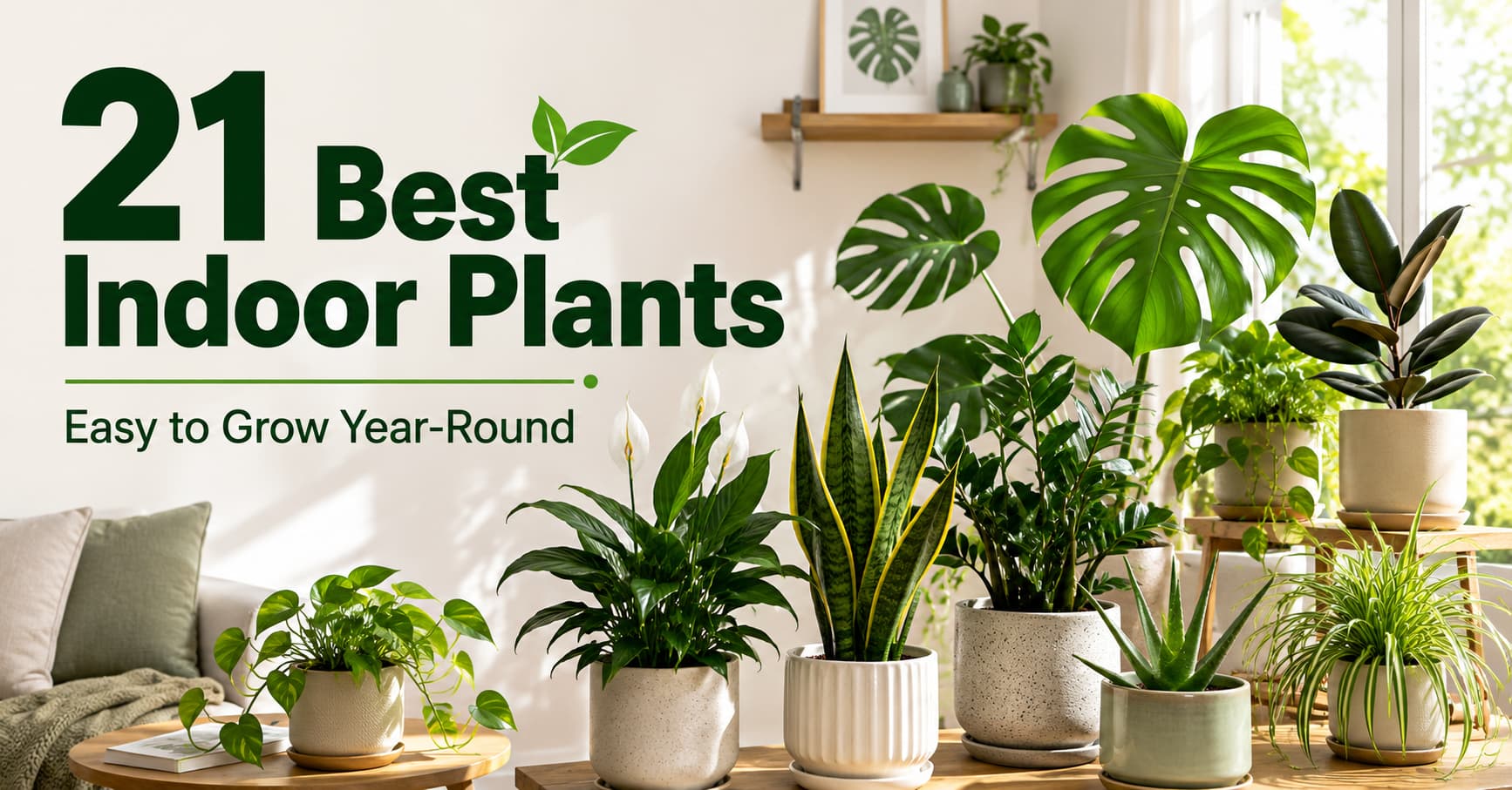 Collection of the best indoor plants, including Monstera, Snake Plant, Peace Lily, Pothos, ZZ Plant, Spider Plant, Aloe Vera, and Rubber Plant in a bright modern living room.