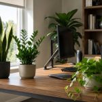 Healthy indoor office plants including a Snake Plant, ZZ Plant, and Pothos arranged on a modern office desk with natural light.