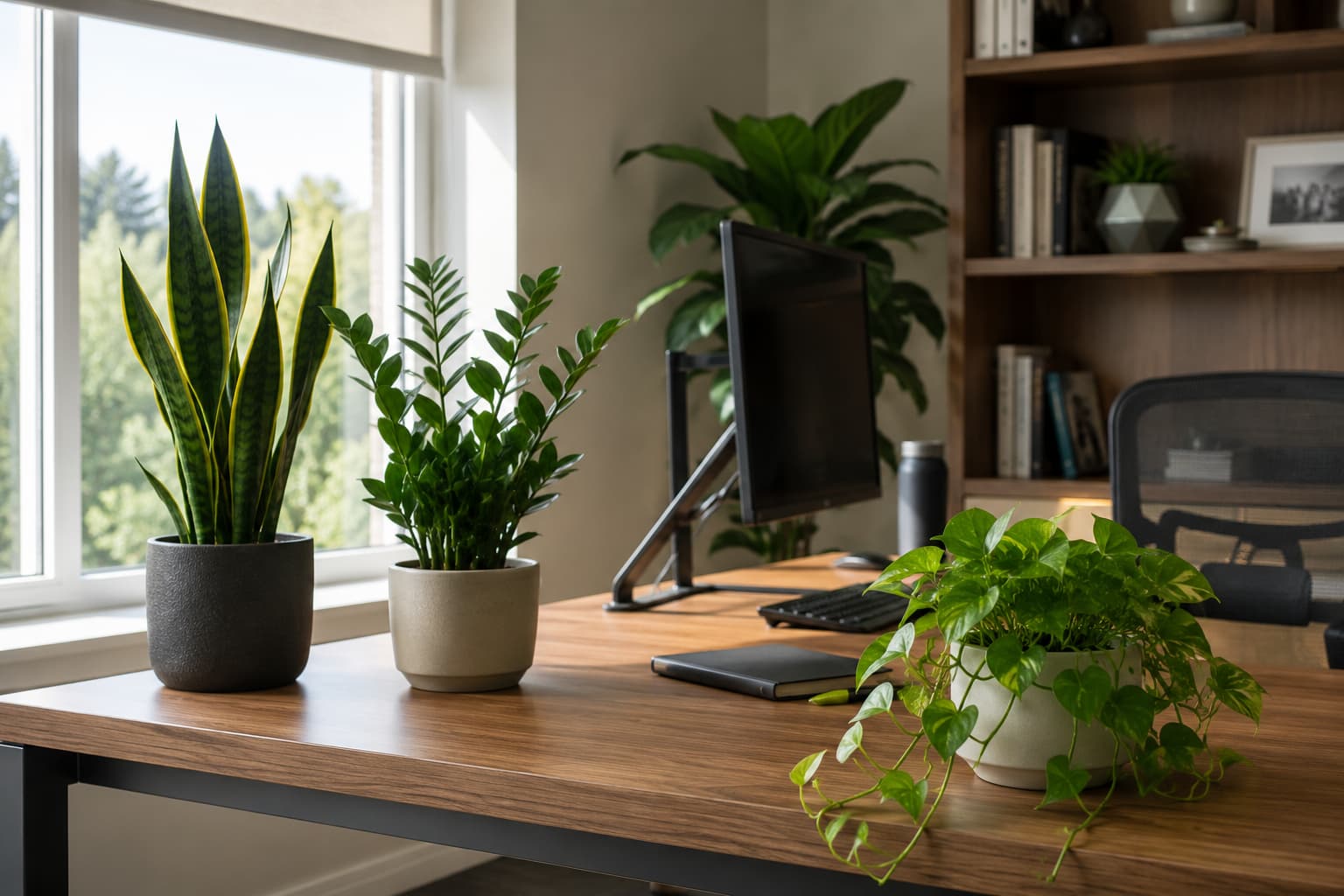 Healthy indoor office plants including a Snake Plant, ZZ Plant, and Pothos arranged on a modern office desk with natural light.