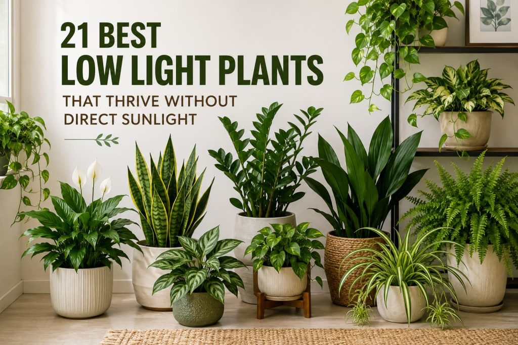 his featured image showcases a beautiful collection of low light indoor plants, including the Snake Plant, ZZ Plant, Peace Lily, Pothos, Spider Plant, Chinese Evergreen, and Boston Fern. These easy-care houseplants thrive in indirect or limited natural light, making them perfect for beginners, apartments, offices, and homes with shaded rooms. The image complements a comprehensive guide to choosing and caring for the best low light plants for healthy indoor gardening.