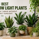 his featured image showcases a beautiful collection of low light indoor plants, including the Snake Plant, ZZ Plant, Peace Lily, Pothos, Spider Plant, Chinese Evergreen, and Boston Fern. These easy-care houseplants thrive in indirect or limited natural light, making them perfect for beginners, apartments, offices, and homes with shaded rooms. The image complements a comprehensive guide to choosing and caring for the best low light plants for healthy indoor gardening.