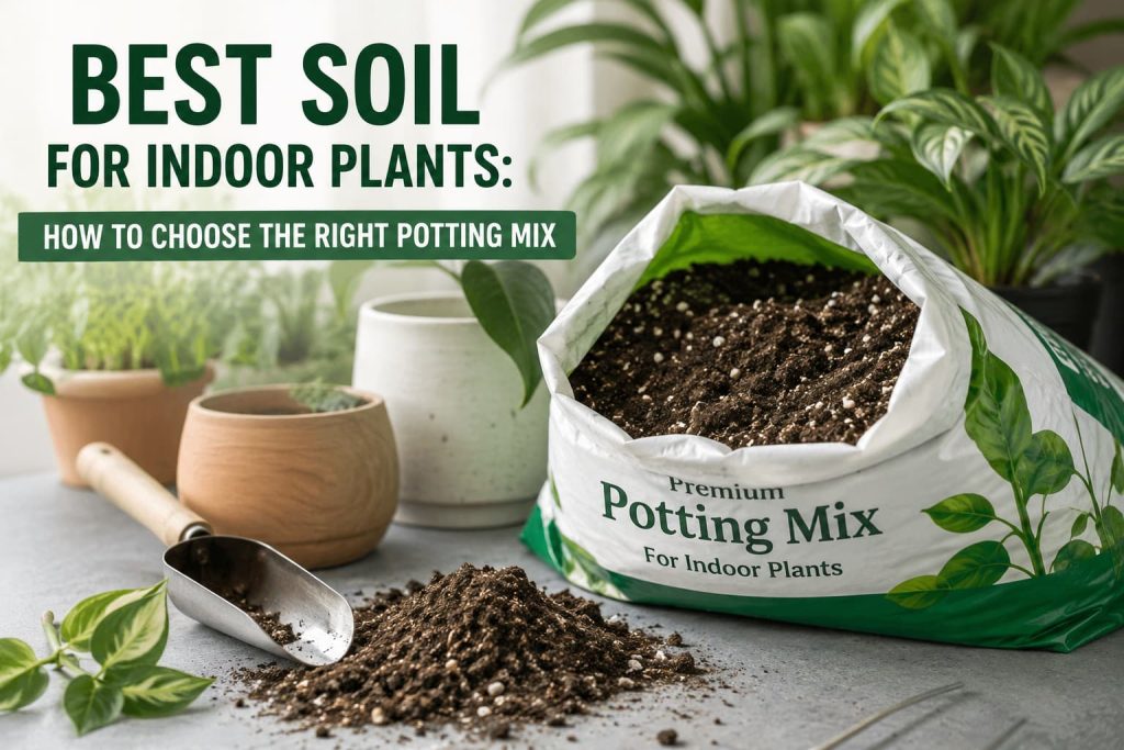 Best soil for indoor plants with premium potting mix, gardening trowel, and healthy houseplants showing the right potting mix for thriving indoor plants.