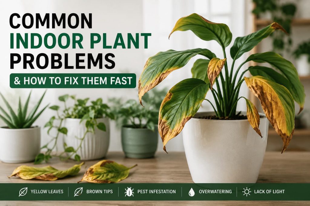 Common indoor plant problems including yellow leaves, brown tips, overwatering, pest infestation, and lack of light with practical plant care solutions