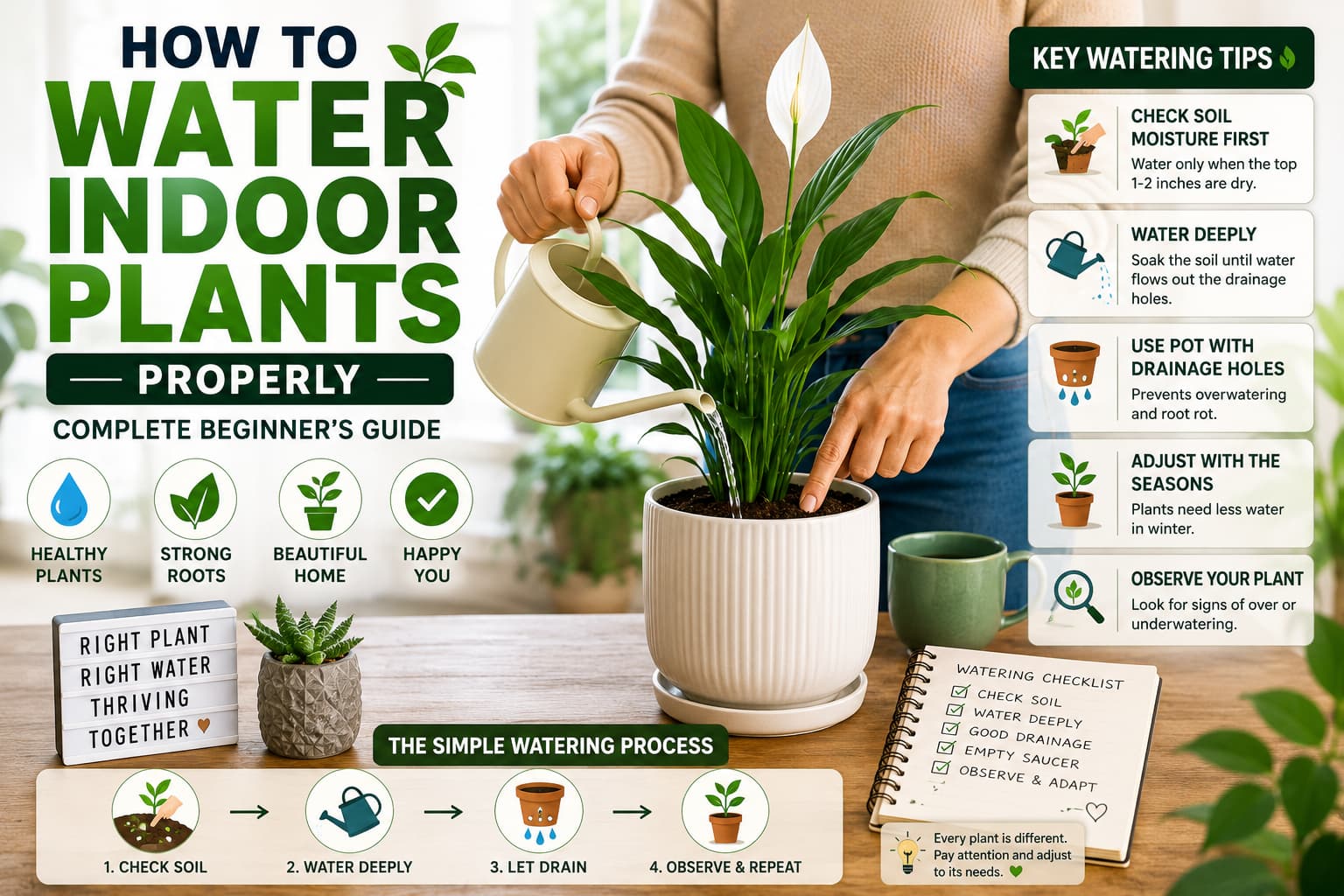 Person watering an indoor peace lily while checking soil moisture, demonstrating how to water indoor plants properly in a bright modern home.