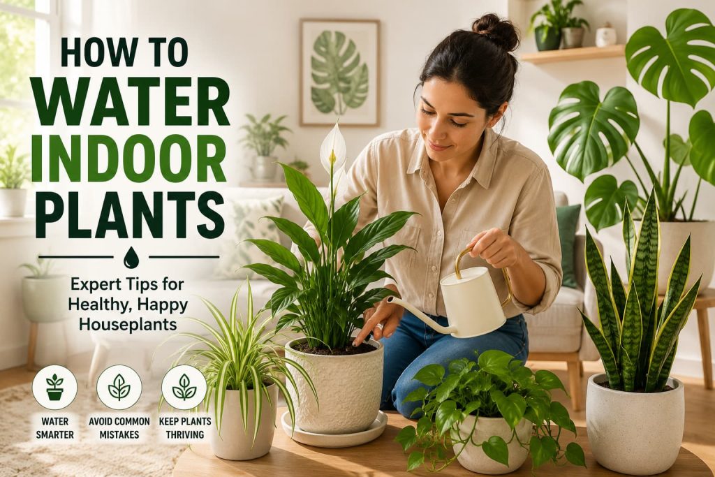 Person watering healthy indoor plants using proper watering techniques in a bright home.