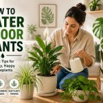 Person watering healthy indoor plants using proper watering techniques in a bright home.