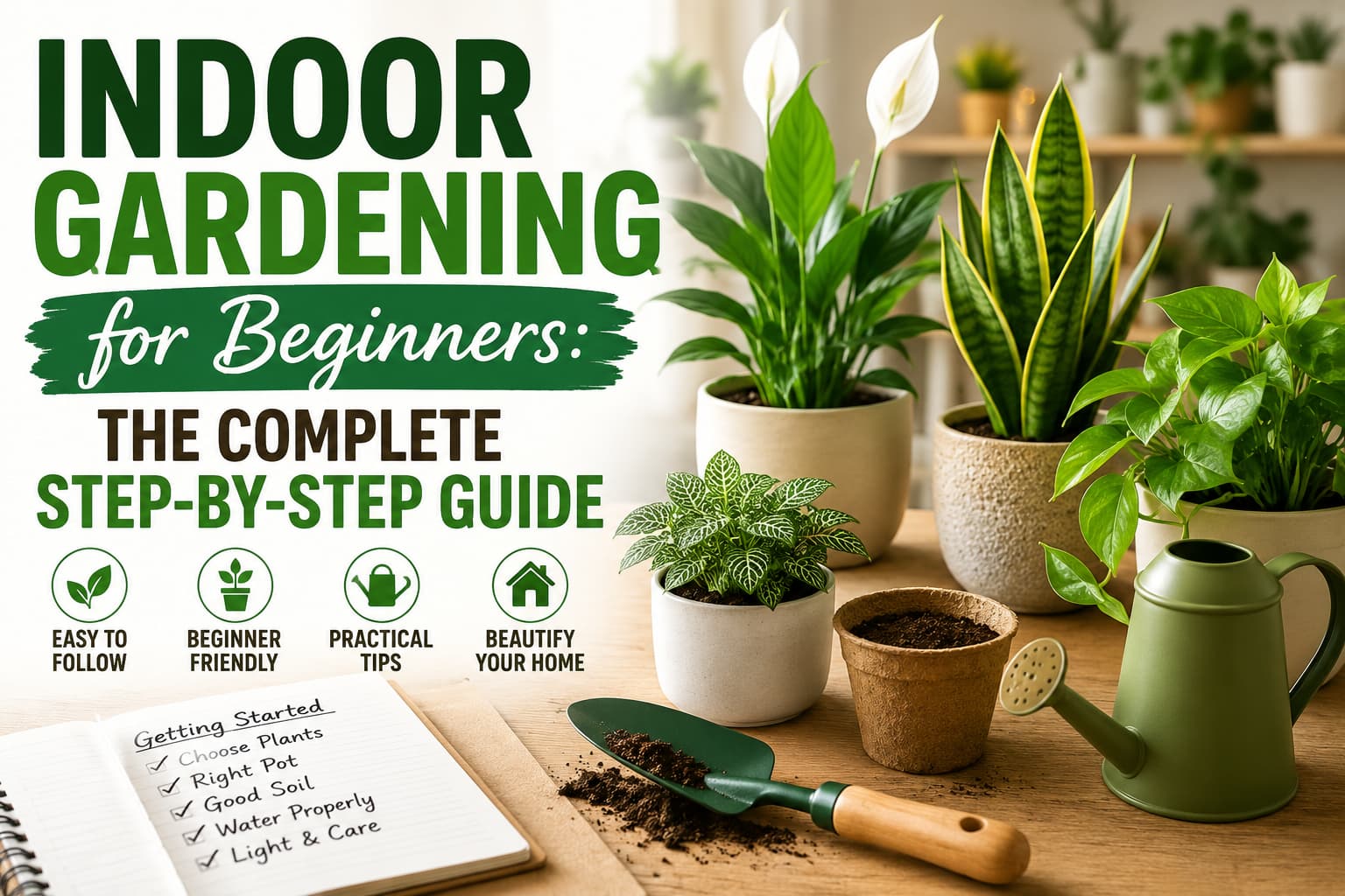Indoor gardening for beginners with easy-care houseplants, watering can, potting soil, and gardening tools in a bright indoor space