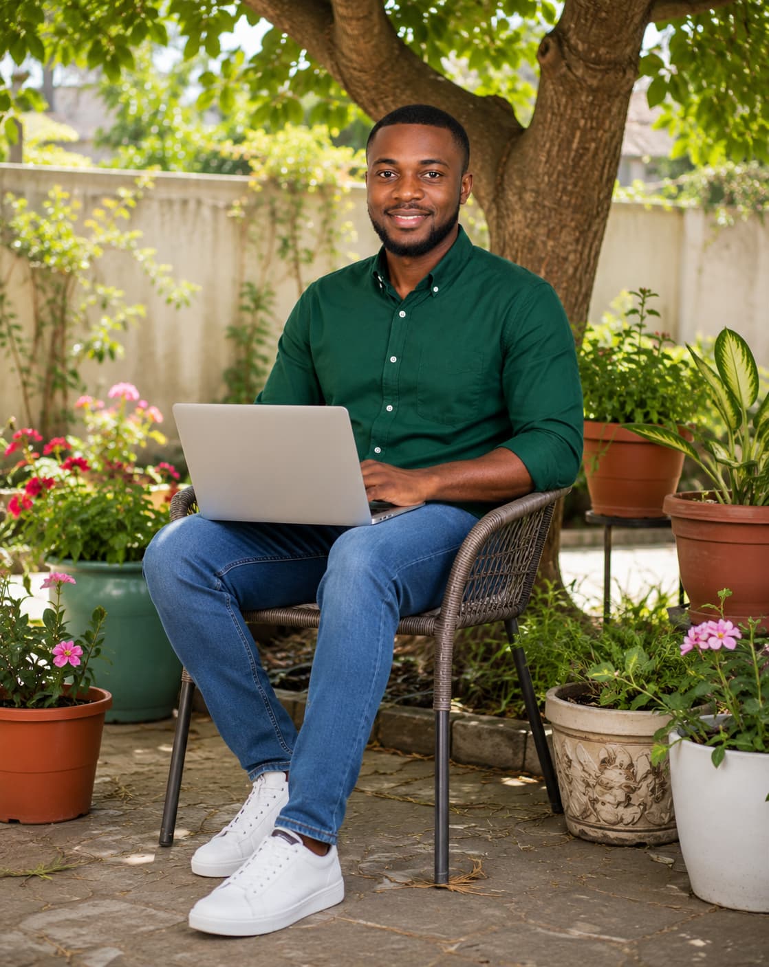 Bon (aka Guider), an Indoor plant writer sitting under a tree using a laptop surrounded by potted flowers and plants.