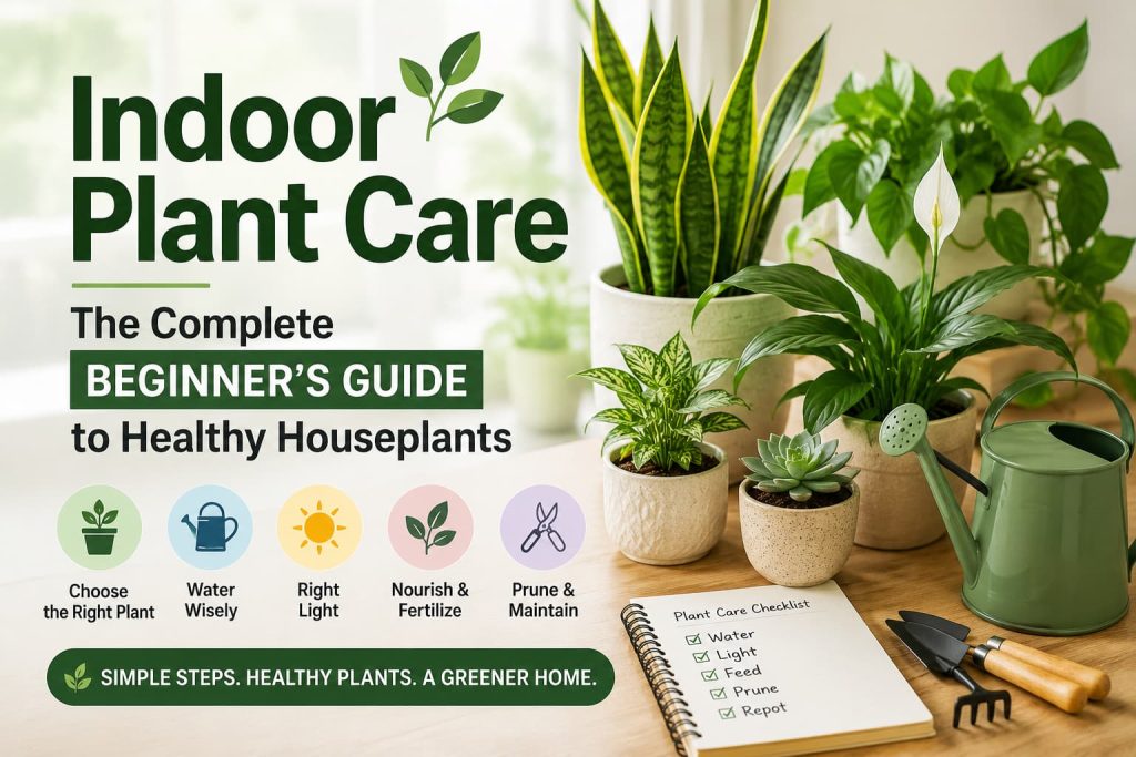 Indoor plant care guide featuring healthy houseplants including snake plant, pothos, peace lily, and succulent with beginner care tips for watering, light, fertilizing, and pruning.