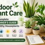 Indoor plant care guide featuring healthy houseplants including snake plant, pothos, peace lily, and succulent with beginner care tips for watering, light, fertilizing, and pruning.