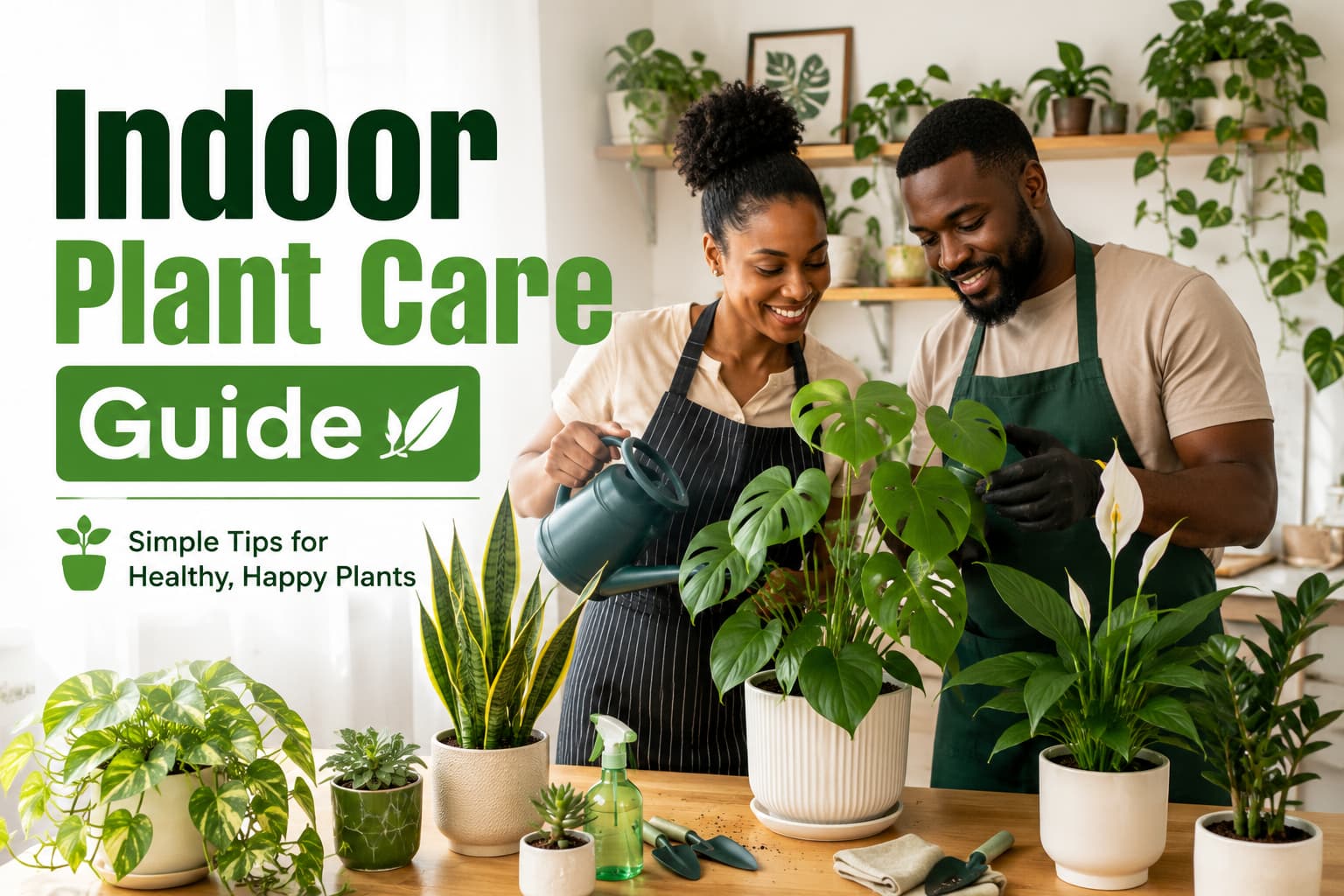 Couple watering and caring for healthy indoor plants in a bright modern home with popular houseplants including Monstera, Snake Plant, Peace Lily, and Pothos.