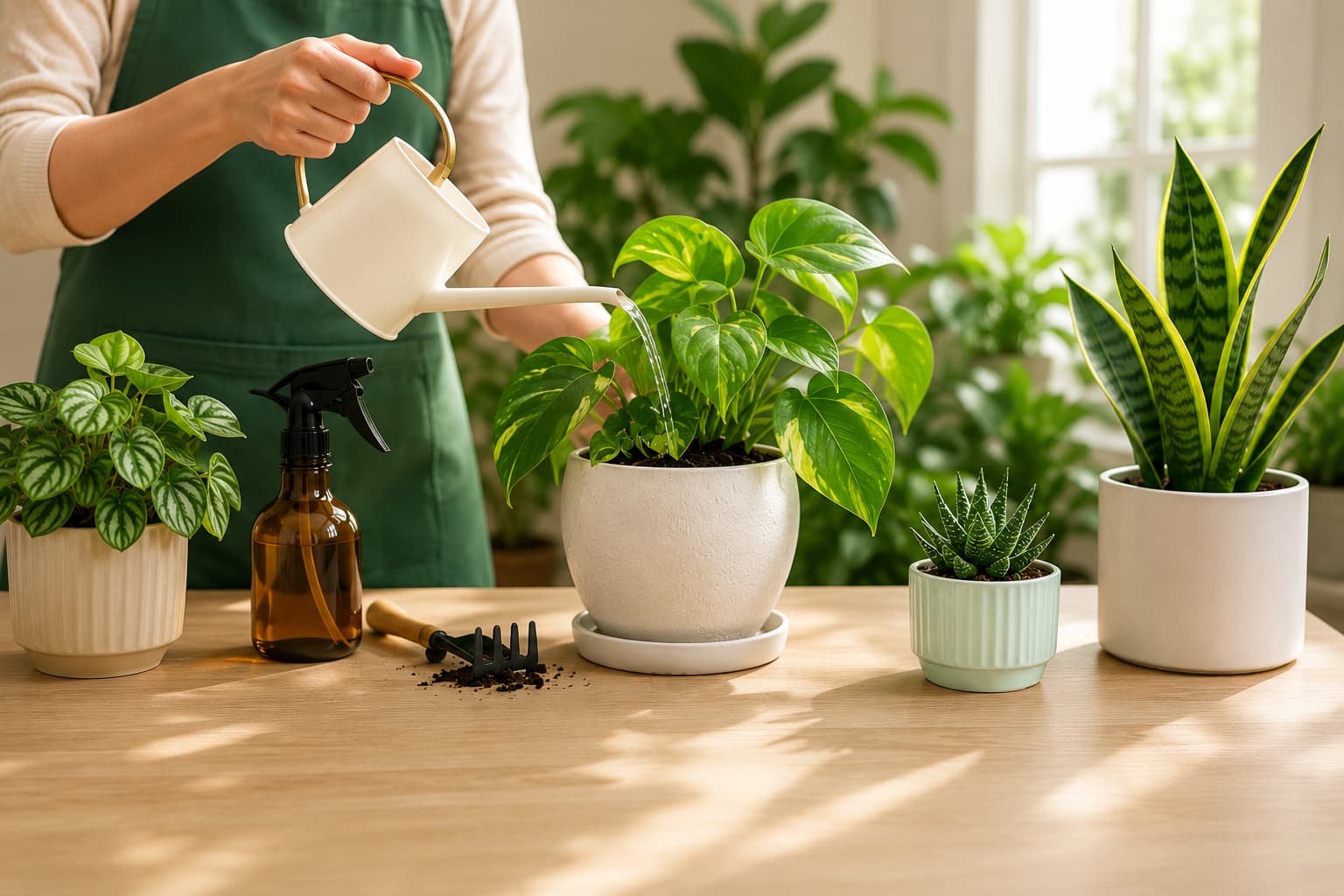 Lady watering healthy indoor plants in ceramic pots inside a bright modern home.
