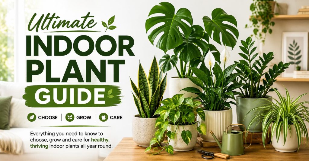 Collection of healthy indoor plants in decorative pots inside a bright modern living room, including Monstera, Snake Plant, Pothos, Peace Lily, and ZZ Plant.