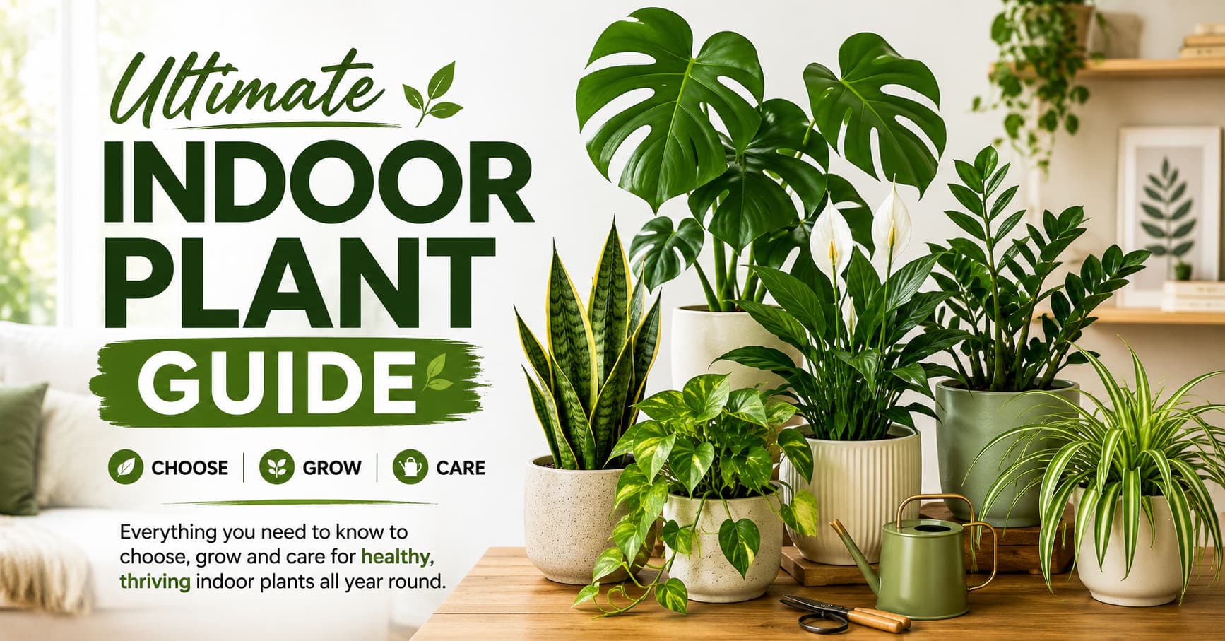 Collection of healthy indoor plants in decorative pots inside a bright modern living room, including Monstera, Snake Plant, Pothos, Peace Lily, and ZZ Plant.