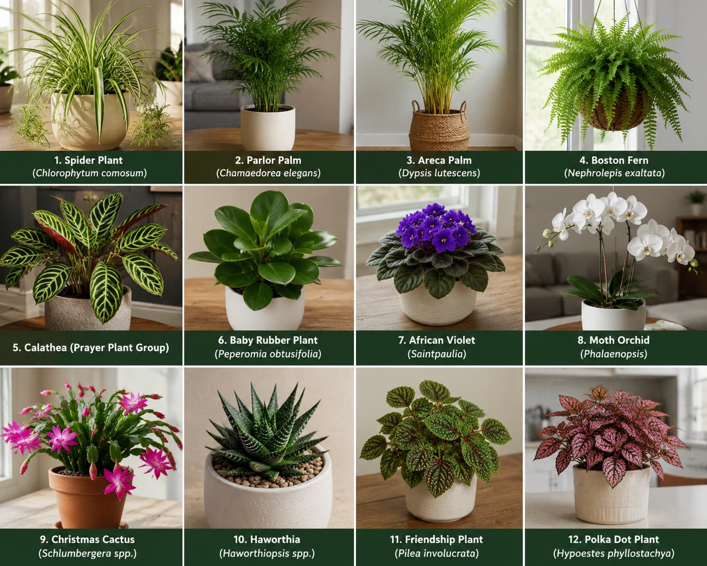 Infographic showing 12 types of indoor plants that are pet-friendly, including Spider Plant, Parlor Palm, Areca Palm, Boston Fern, Calathea, Baby Rubber Plant, African Violet, Moth Orchid, Christmas Cactus, Haworthia, Friendship Plant, and Polka Dot Plant, all generally safe for cats and dogs.