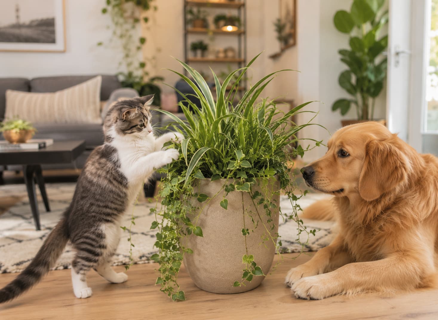 Cat and dog beside pet-friendly indoor plants in a modern home, showcasing safe types of indoor plants for homes with cats and dogs.