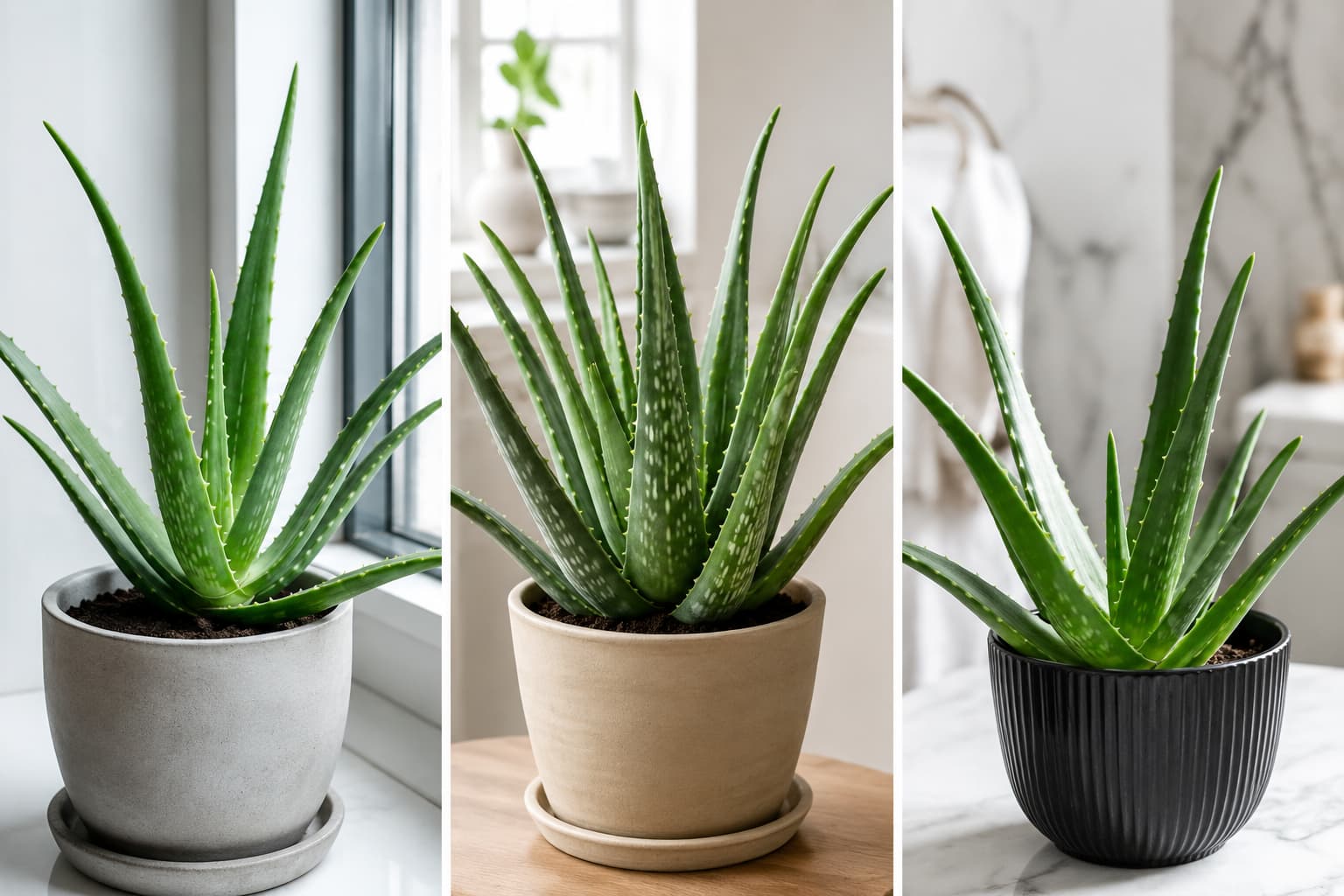 Picture of 3 healthy Aloe vera plants growing indoors beside a bright window