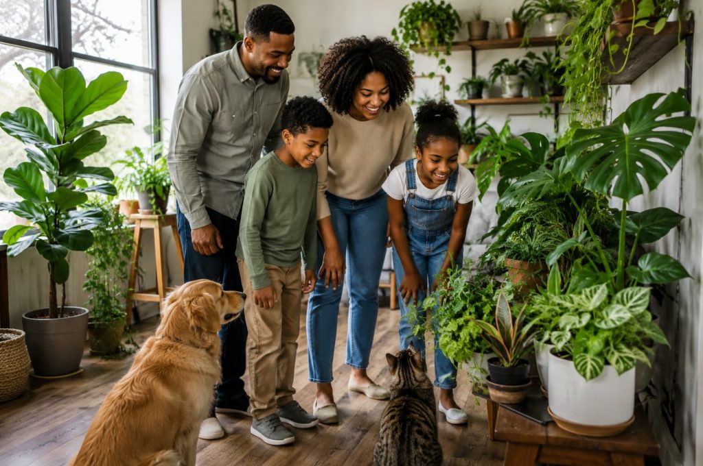 Family admiring beautiful indoor plants at home, showing the benefits of indoor plants for creating a welcoming and relaxing living space.