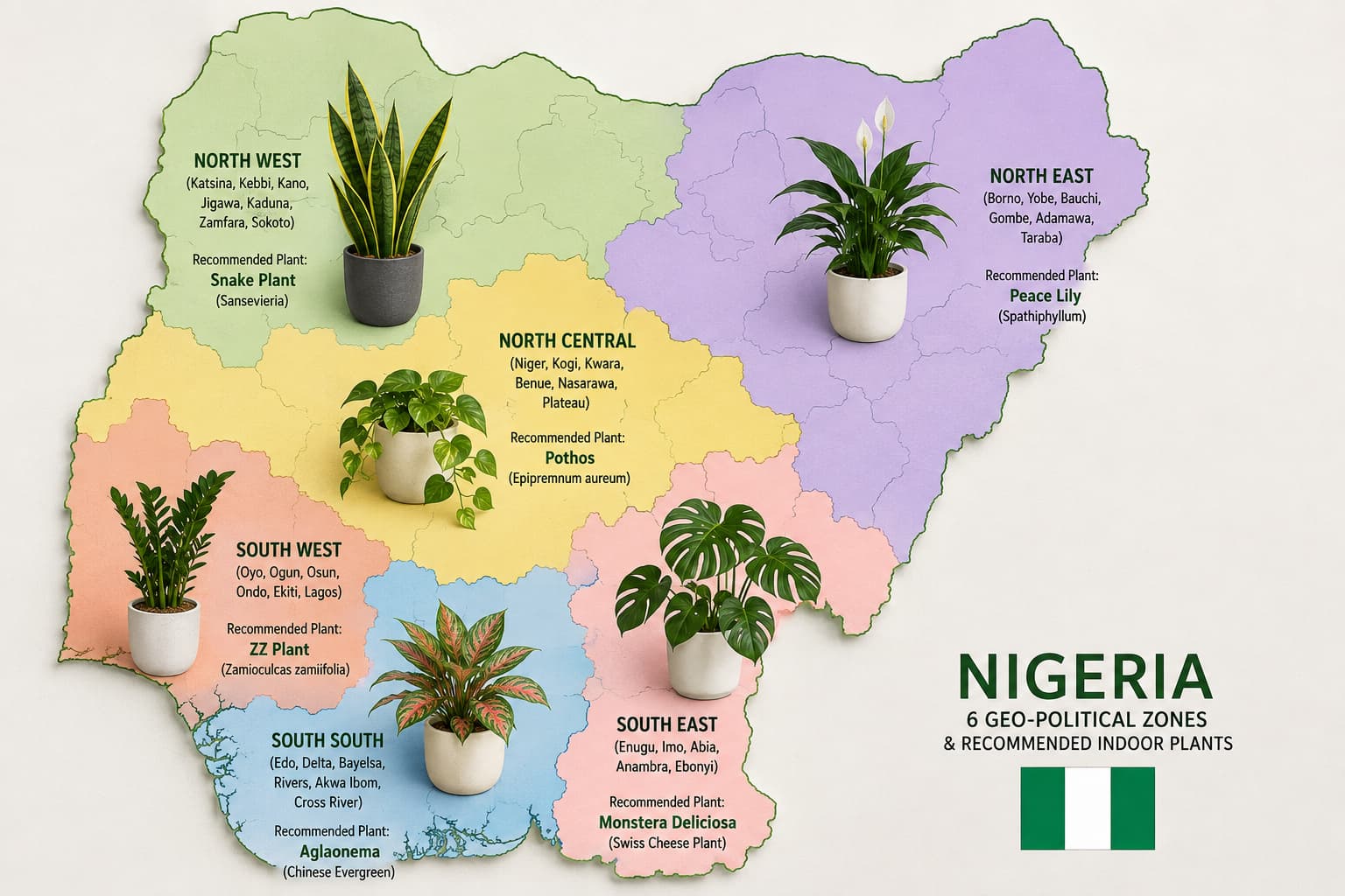 Nigeria map showing indoor plants recommended for the six geo-political zones