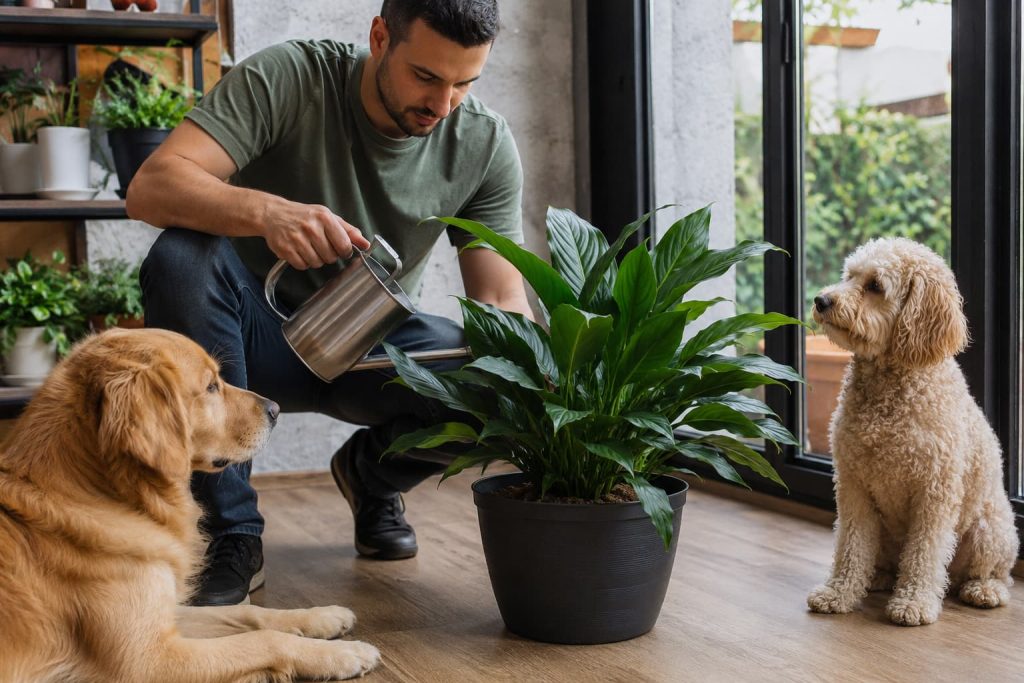 Man watering a Cast Iron Plant indoors while two dogs watch nearby