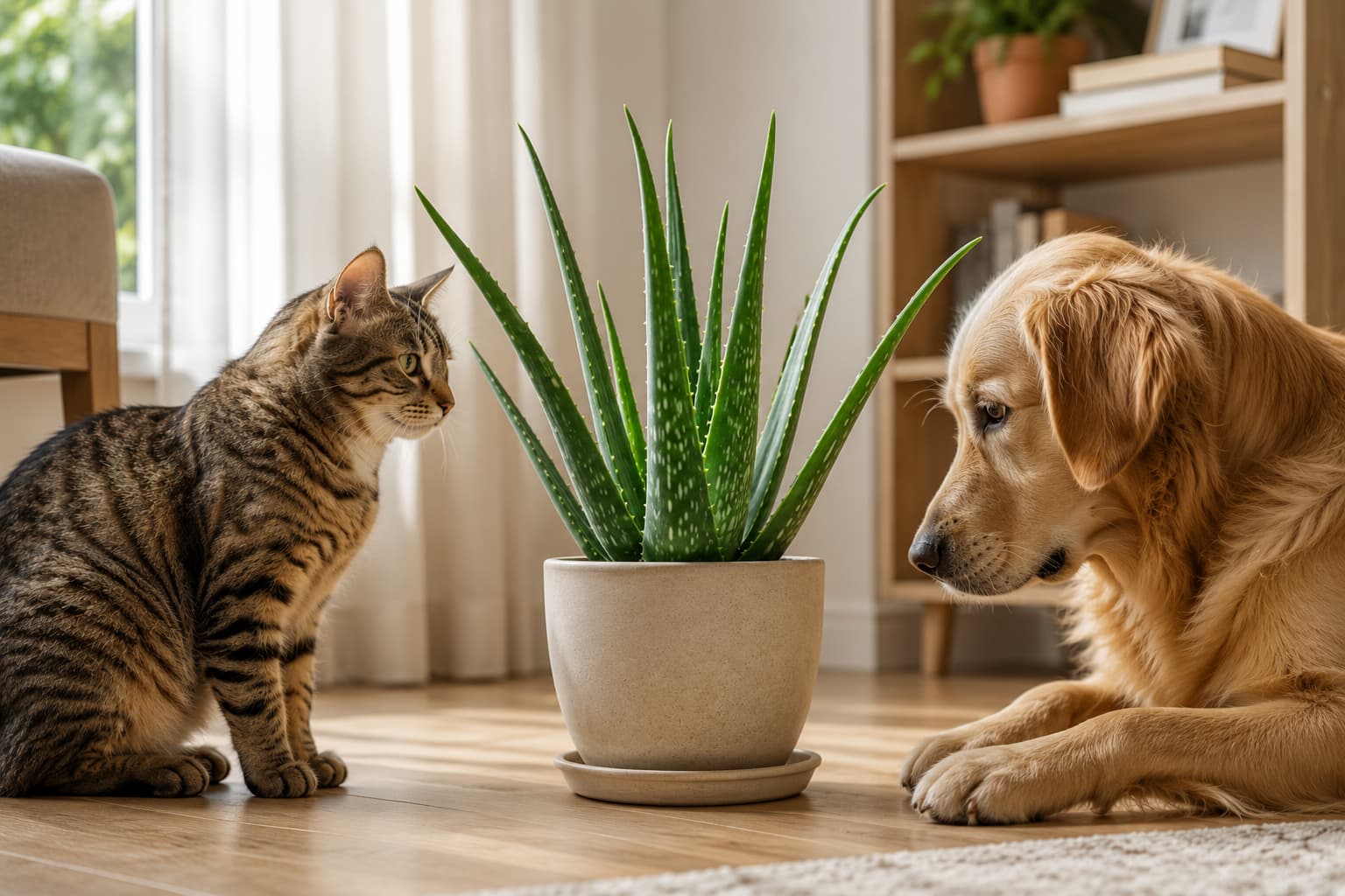 Cat and dog gazing at a healthy Aloe vera plant growing indoors beside a bright window