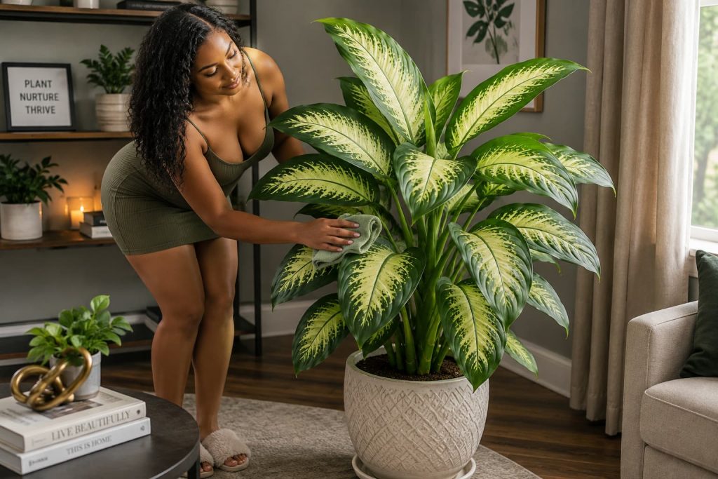 Photo of healthy dumb cane plant with large variegated green and cream leaves growing indoors.
