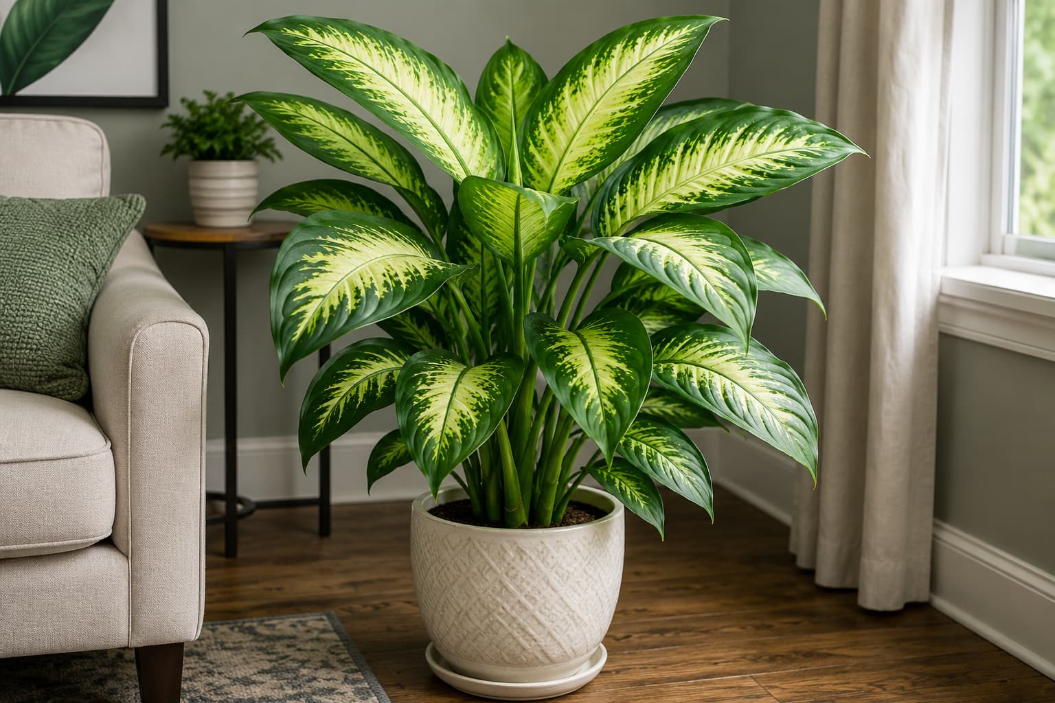 Healthy dumb cane plant with large variegated green and cream leaves growing indoors.