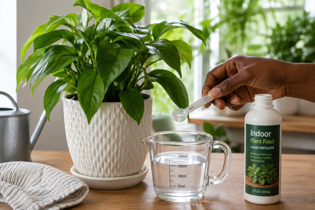 Person measuring liquid fertilizer for a healthy indoor houseplant
