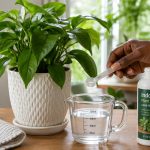 Person measuring liquid fertilizer for a healthy indoor houseplant