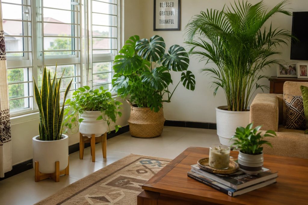 Indoor plants arranged in a bright Nigerian home living room