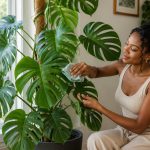 Woman cleaning dust from a healthy Monstera deliciosa beside a bright window.
