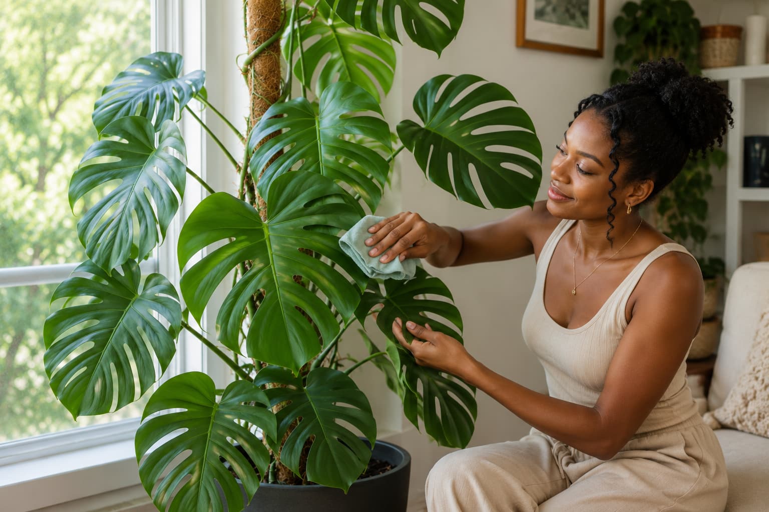 Woman cleaning dust from a healthy Monstera deliciosa beside a bright window.