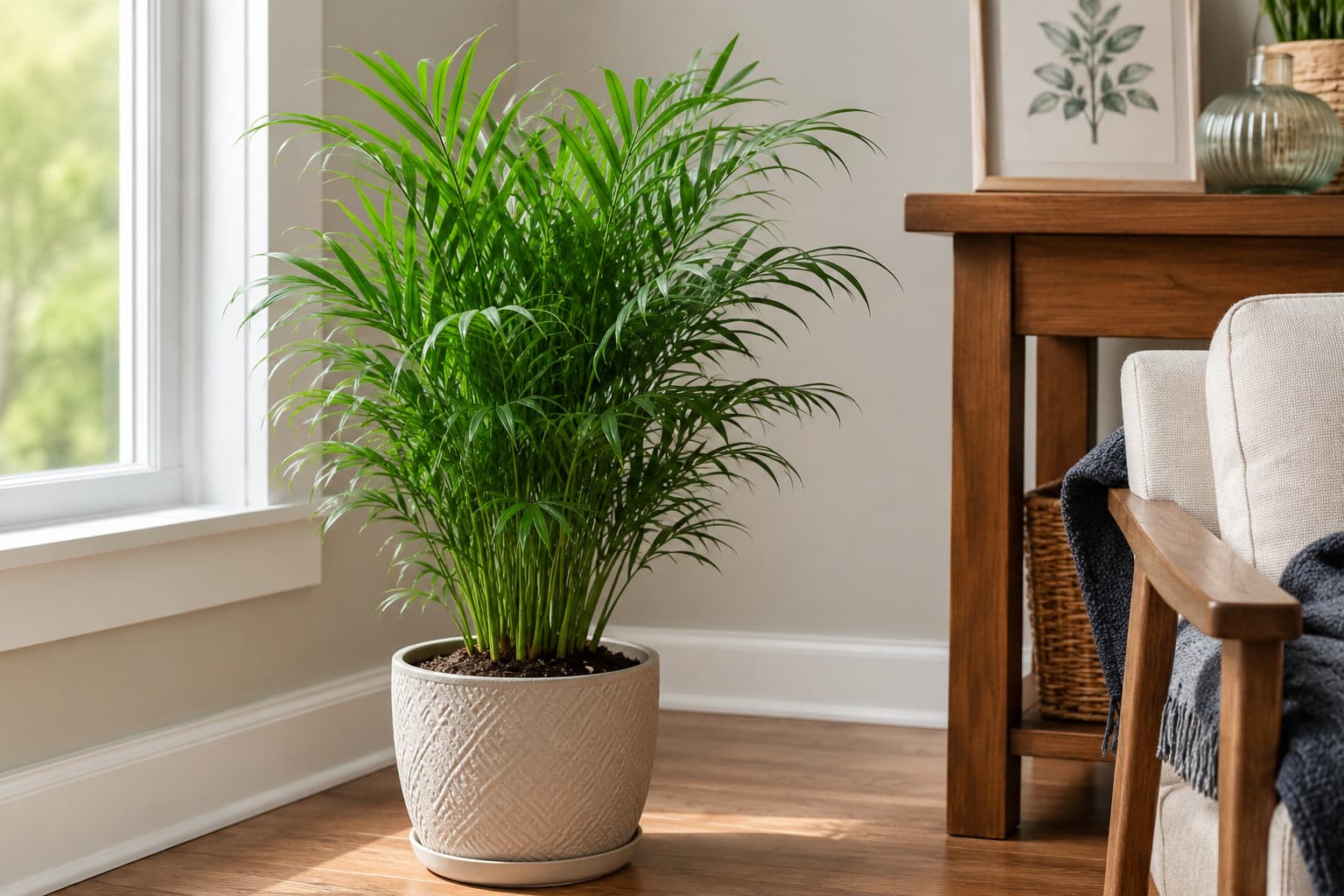 Healthy parlor palm growing indoors in a container near a bright window with filtered light