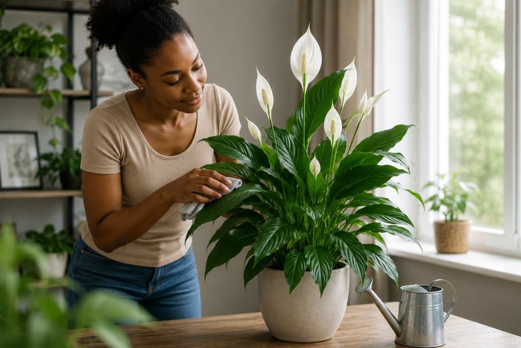 Healthy peace lily with glossy green leaves and white blooms growing indoors near a bright window