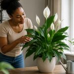 Healthy peace lily with glossy green leaves and white blooms growing indoors near a bright window