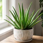 Healthy Aloe vera plant growing indoors beside a bright window