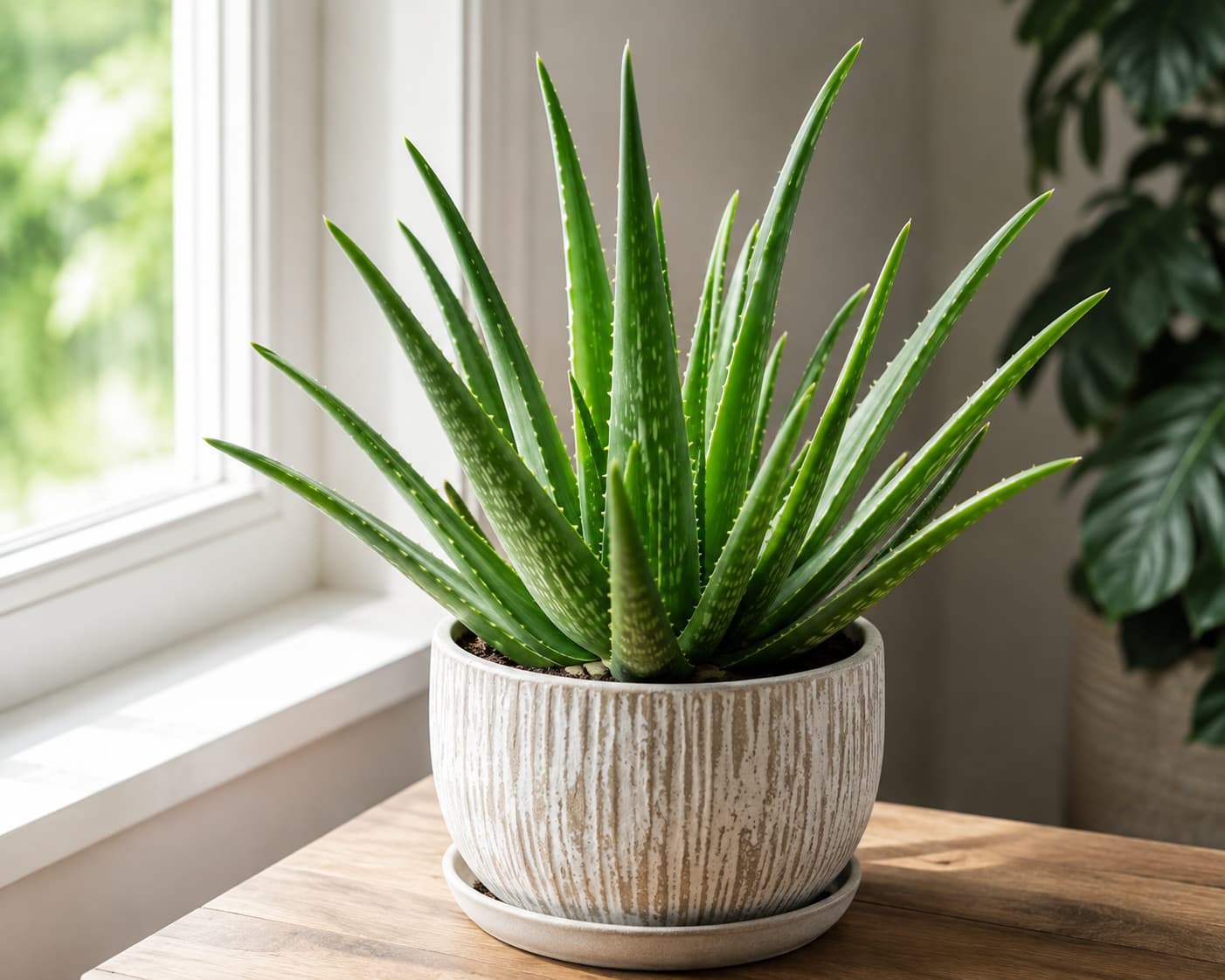 Healthy Aloe vera plant growing indoors beside a bright window