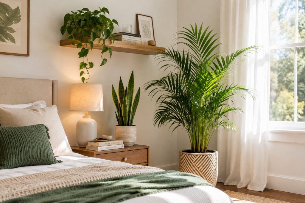 Snake plant, pothos, and parlor palm decorating a bright bedroom with natural light.