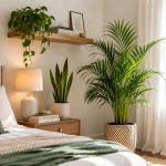 Snake plant, pothos, and parlor palm decorating a bright bedroom with natural light.