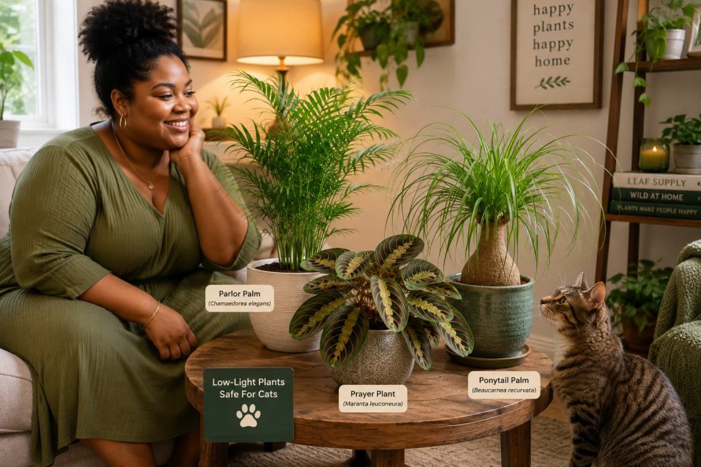 Low-light indoor plants safe for cats arranged in a cozy room with a cat nearby