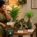 Low-light indoor plants safe for cats arranged in a cozy room with a cat nearby