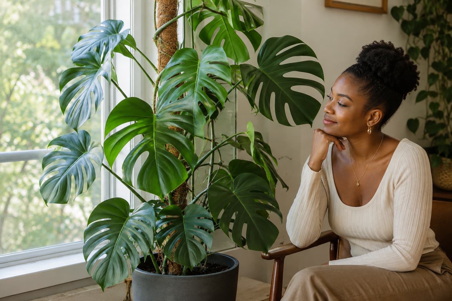 A healthy Monstera deliciosa can thrive indoors with bright filtered light, appropriate watering, and climbing support.