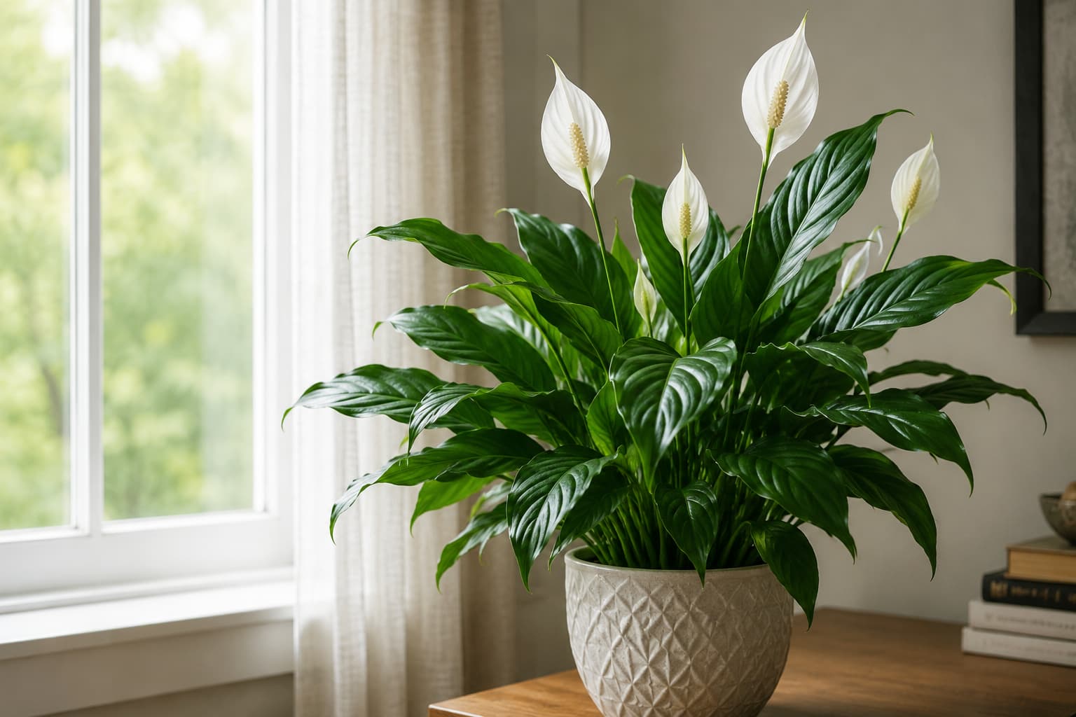 Photo of a healthy peace lily with glossy green leaves and white blooms growing indoors near a bright window