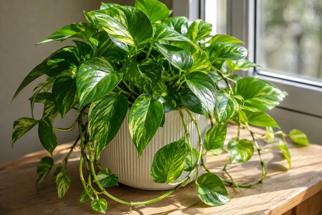 Healthy pothos plant with lush trailing vines growing in bright indirect light