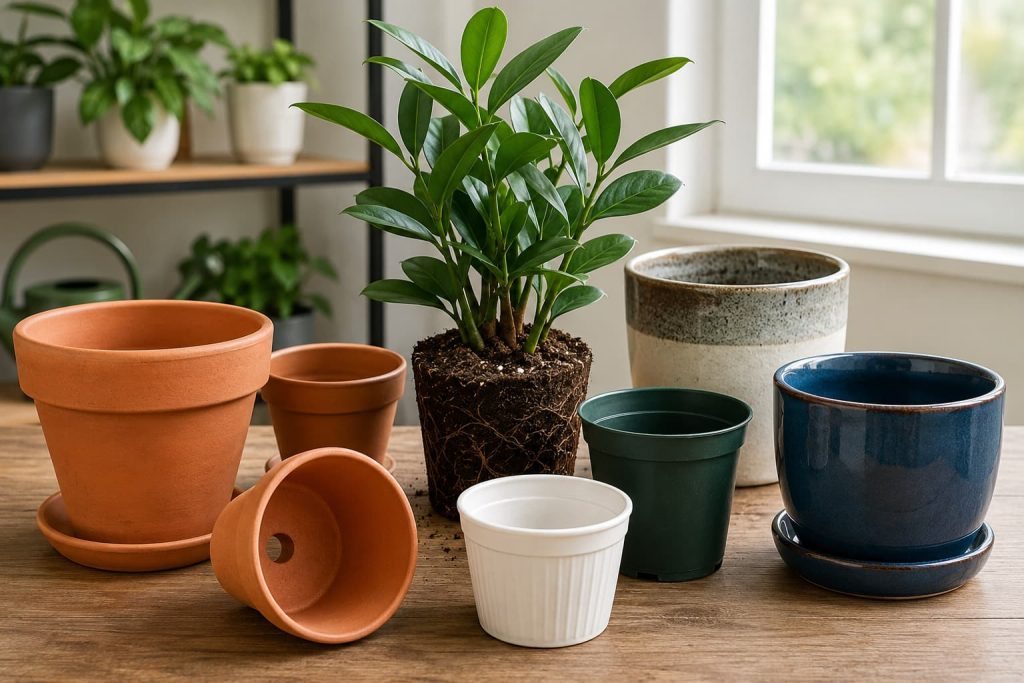 Different pots for indoor plants showing various sizes, materials, and drainage-hole designs