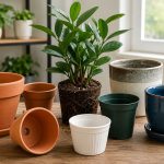 Different pots for indoor plants showing various sizes, materials, and drainage-hole designs