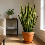 Healthy snake plant growing indoors in a terracotta pot beside a bright window.
