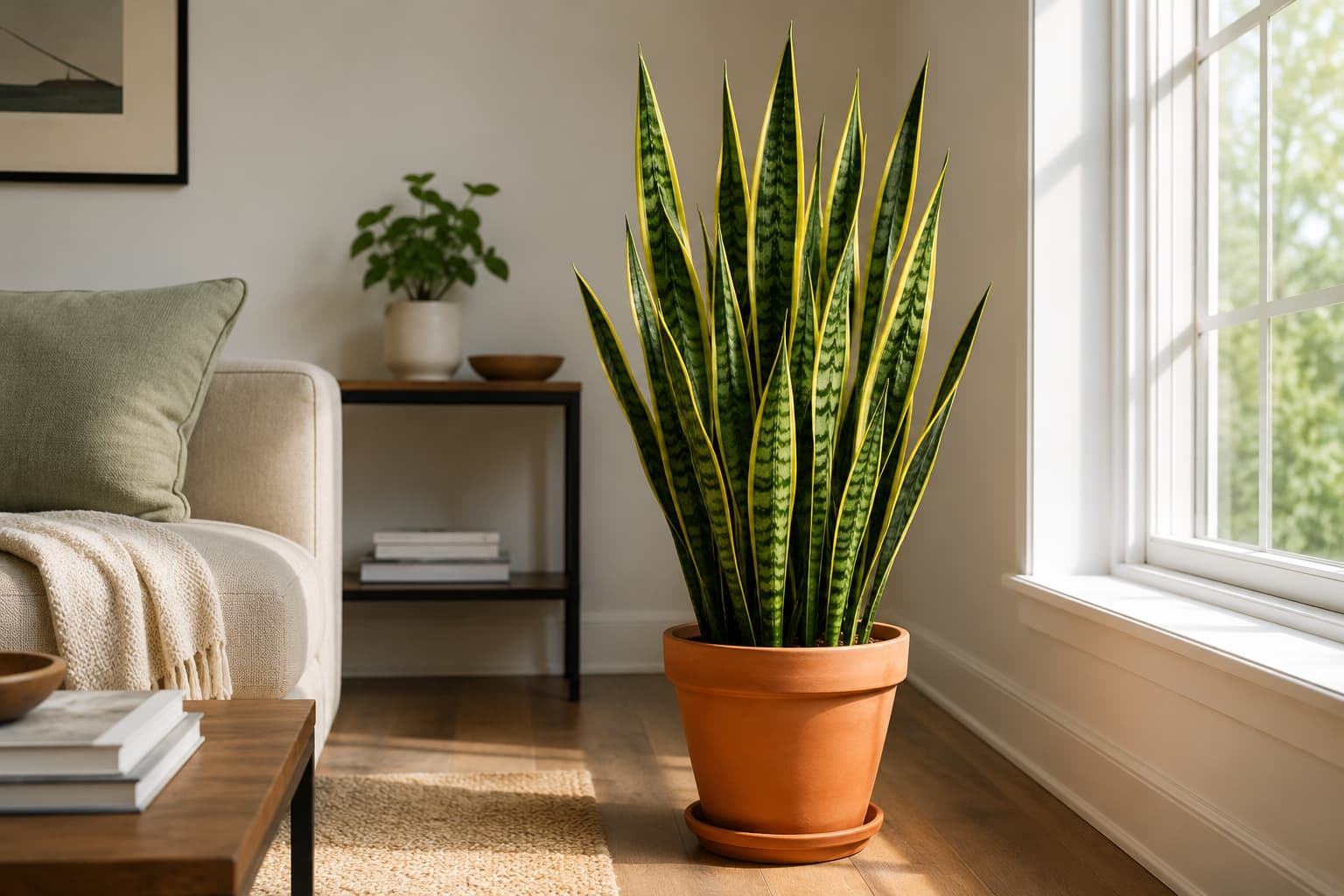 Healthy snake plant growing indoors in a terracotta pot beside a bright window.