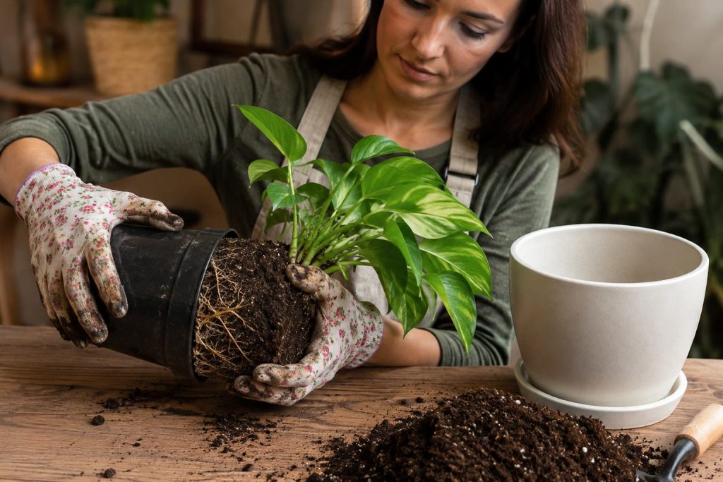Hands carefully removing an indoor pothos with its root ball intact during repotting